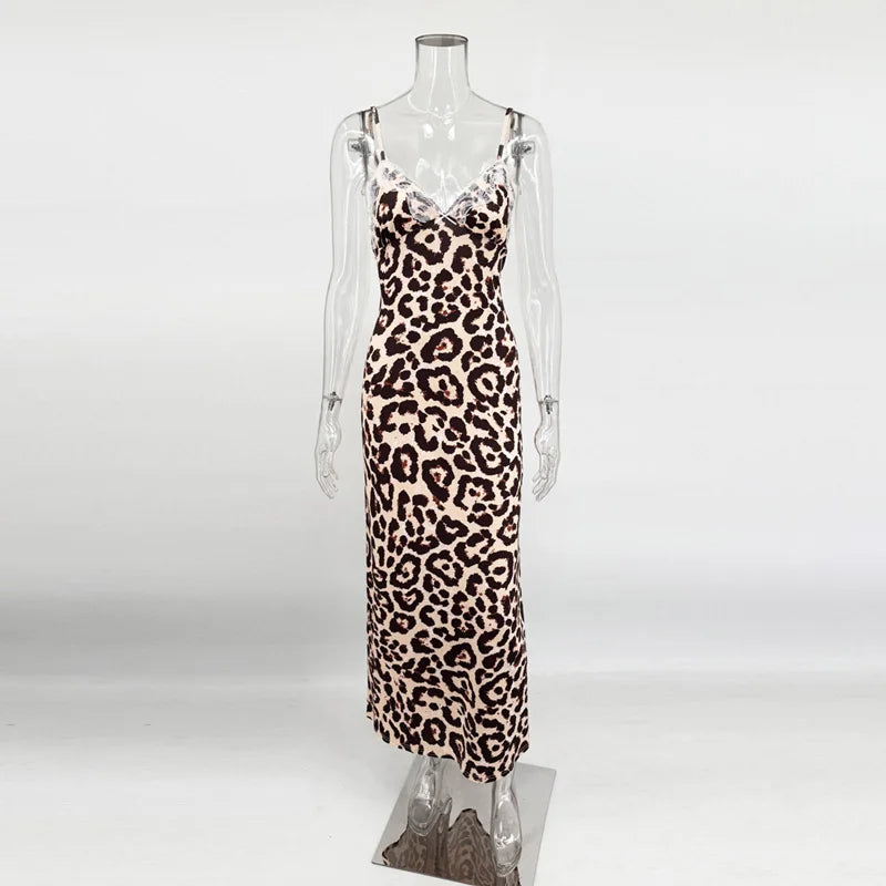 Lace V-Neck Patchwork Maxi Dress Women Backless High Waist Slim Spaghetti Contrast Party Dress Female Spring Long Dress
