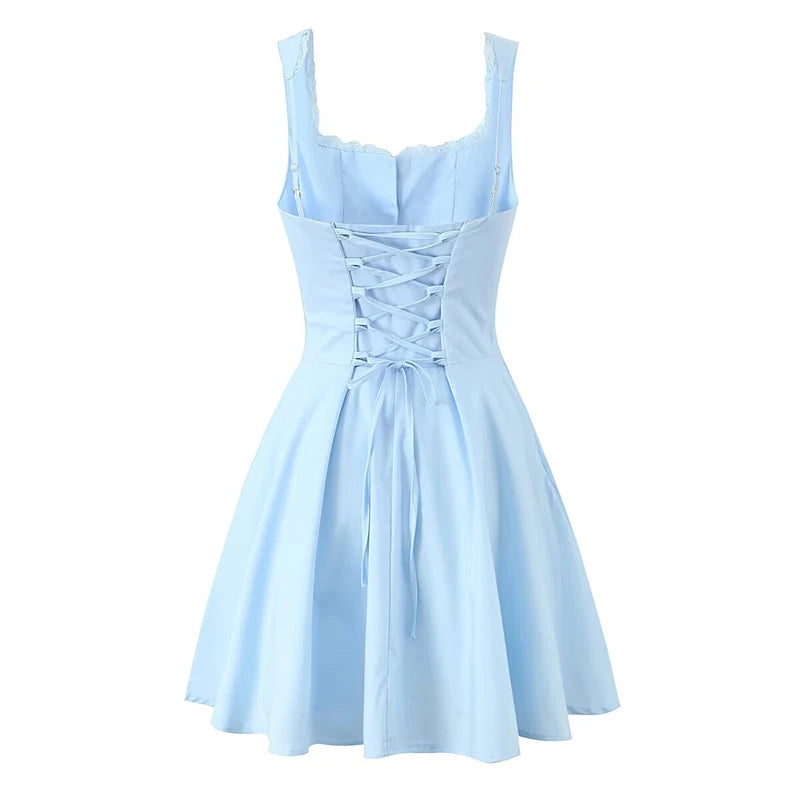 New 2025 Women Blue Elegant Party Mini Dresses Sexy Sleeveless Low Waist A-Line Summer Dress Lace up Back Robe
