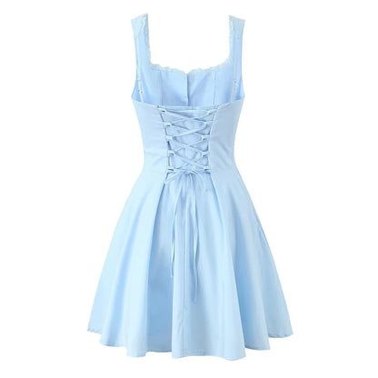 New 2025 Women Blue Elegant Party Mini Dresses Sexy Sleeveless Low Waist A-Line Summer Dress Lace up Back Robe