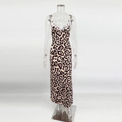 Lace V-Neck Patchwork Maxi Dress Women Backless High Waist Slim Spaghetti Contrast Party Dress Female Spring Long Dress