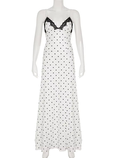 Lace V-Neck Patchwork Maxi Dress Women Backless High Waist Slim Spaghetti Contrast Party Dress Female Spring Long Dress