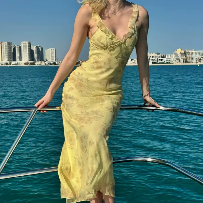 Summer Floral Print Plunge Maxi Dress Outfits Sexy Backless Fairy Sun Dresses Vacation Beachwear Vestido Coquette