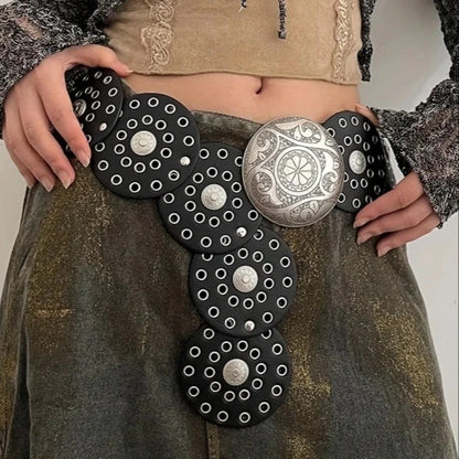 Women Belt Spice Girl Y2K Harajuku Style Vintage Rivet Patchwork Design Wide Belts for Women High Street Faux Leather Waistband