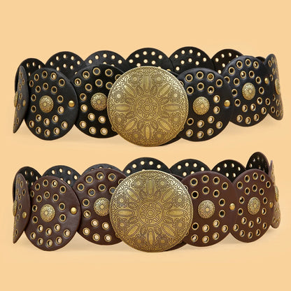 Women Belt Spice Girl Y2K Harajuku Style Vintage Rivet Patchwork Design Wide Belts for Women High Street Faux Leather Waistband