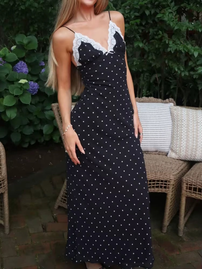 Lace V-Neck Patchwork Maxi Dress Women Backless High Waist Slim Spaghetti Contrast Party Dress Female Spring Long Dress