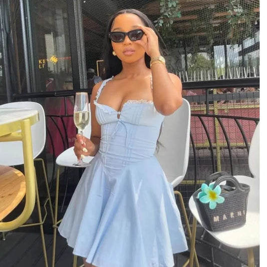 New 2025 Women Blue Elegant Party Mini Dresses Sexy Sleeveless Low Waist A-Line Summer Dress Lace up Back Robe