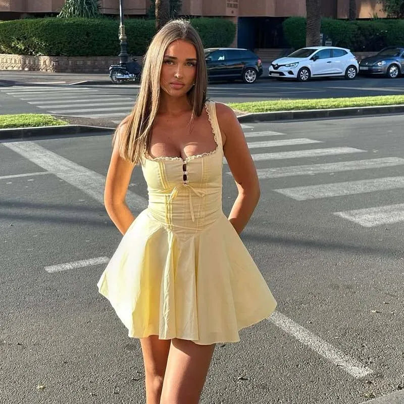 New 2025 Women Blue Elegant Party Mini Dresses Sexy Sleeveless Low Waist A-Line Summer Dress Lace up Back Robe