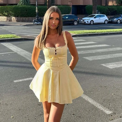 New 2025 Women Blue Elegant Party Mini Dresses Sexy Sleeveless Low Waist A-Line Summer Dress Lace up Back Robe
