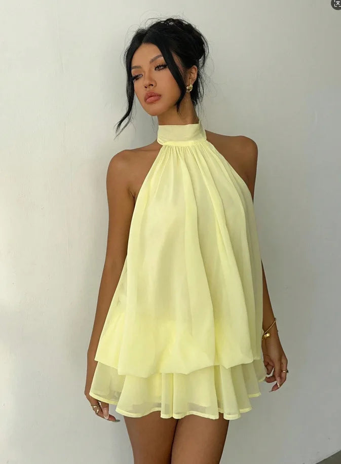 Halter Neck Flowy Mini Dress