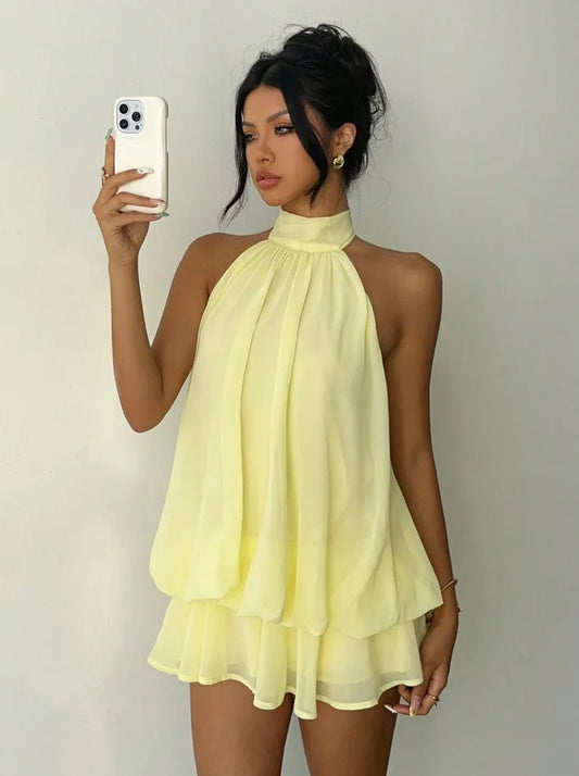 Halter Neck Flowy Mini Dress