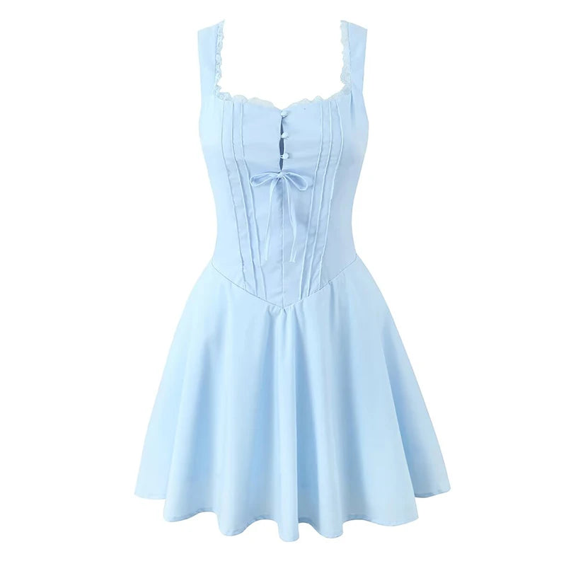 New 2025 Women Blue Elegant Party Mini Dresses Sexy Sleeveless Low Waist A-Line Summer Dress Lace up Back Robe