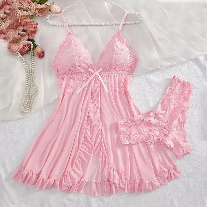 Summer Sexy Lingerie Dress Women Lace See through Nightdress Sleepwear Solid Slim Soft V Neck Full Slip Sleepwear & Dresses