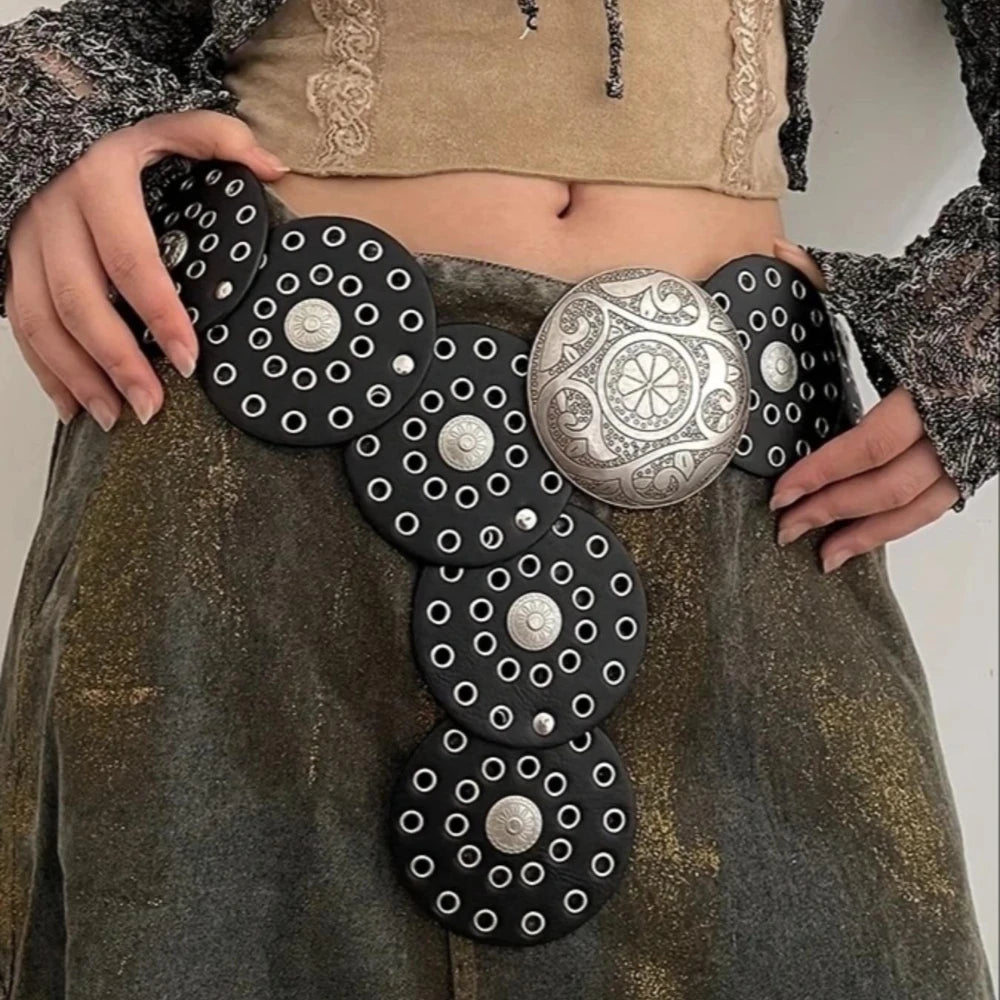 Women Belt Spice Girl Y2K Harajuku Style Vintage Rivet Patchwork Design Wide Belts for Women High Street Faux Leather Waistband