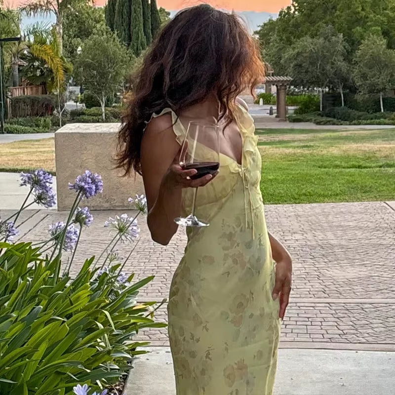Summer Floral Print Plunge Maxi Dress Outfits Sexy Backless Fairy Sun Dresses Vacation Beachwear Vestido Coquette