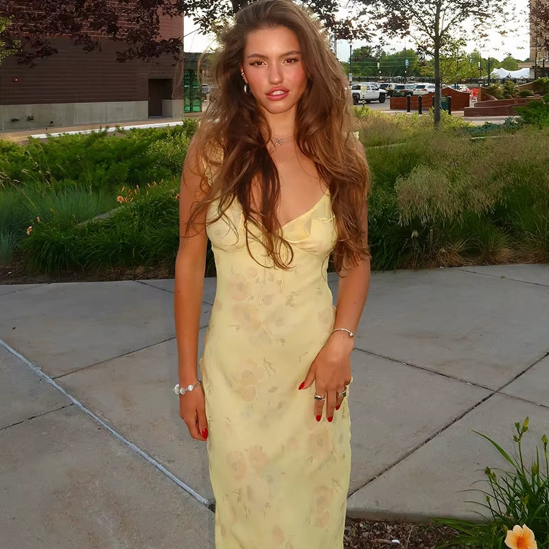 Summer Floral Print Plunge Maxi Dress Outfits Sexy Backless Fairy Sun Dresses Vacation Beachwear Vestido Coquette