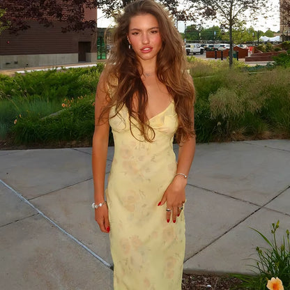 Summer Floral Print Plunge Maxi Dress Outfits Sexy Backless Fairy Sun Dresses Vacation Beachwear Vestido Coquette