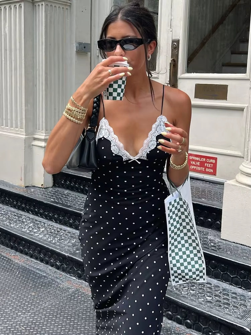 Lace V-Neck Patchwork Maxi Dress Women Backless High Waist Slim Spaghetti Contrast Party Dress Female Spring Long Dress